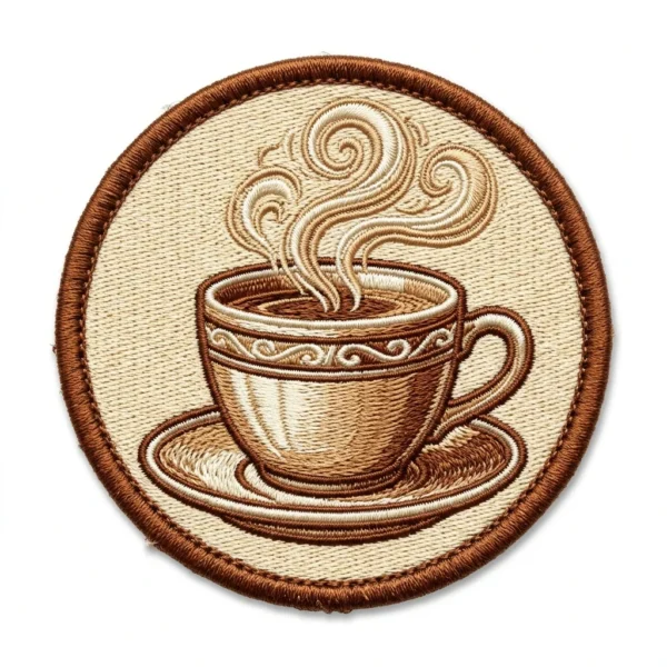 Steaming coffee cup round embroidered patch