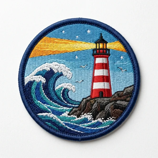 Lighthouse and waves round embroidered patch