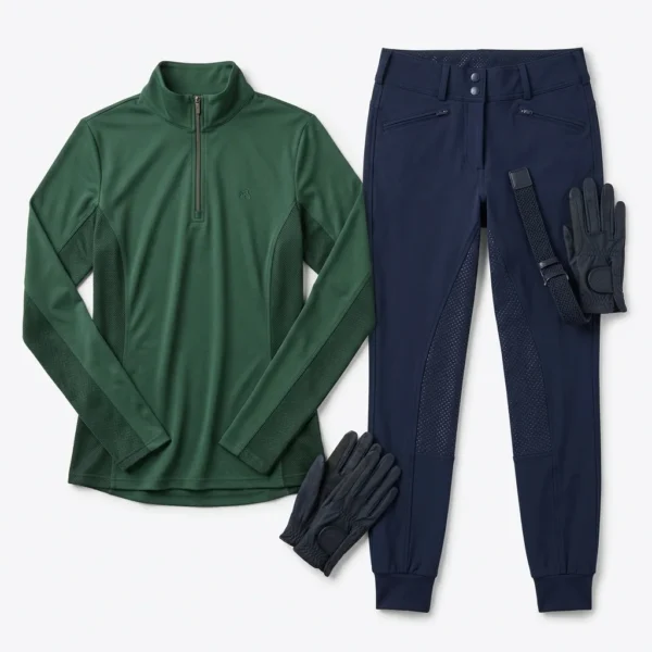 Green quarter zip base layer with navy riding breeches and gloves