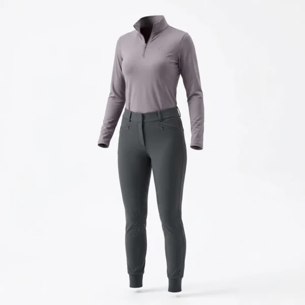 Lilac riding top with grey riding breeches