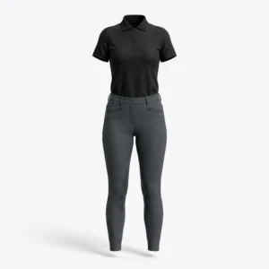 Black equestrian polo shirt with charcoal breeches