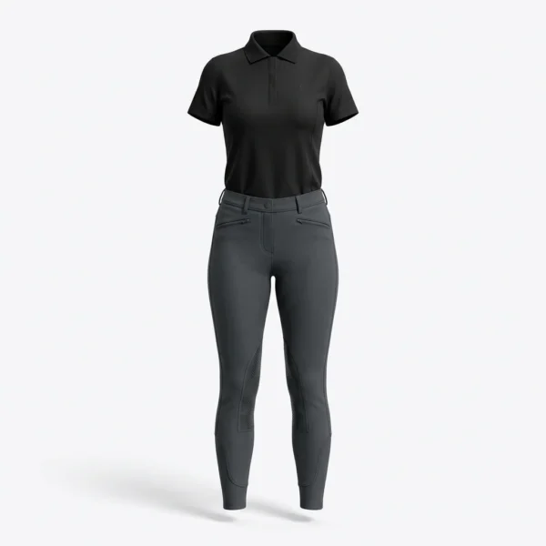 Black equestrian polo shirt with charcoal breeches