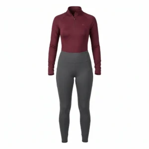 Burgundy base layer top with grey riding tights