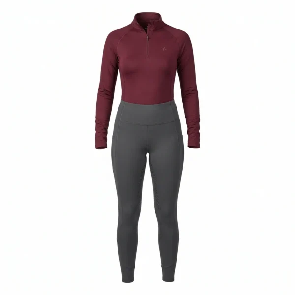 Burgundy base layer top with grey riding tights