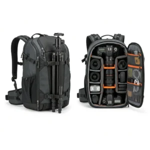 Grey camera backpack with padded dividers and tripod holder