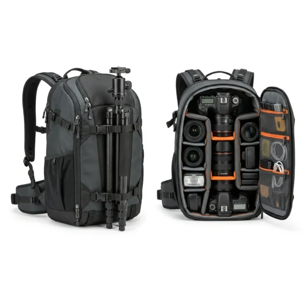 Grey camera backpack with padded dividers and tripod holder
