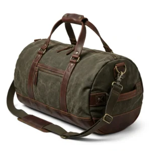 Olive waxed canvas duffel bag with leather trims