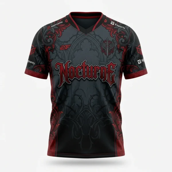 Custom Esports Jersey – Gothic Nocturne Dark gothic esports jersey with red ornaments
