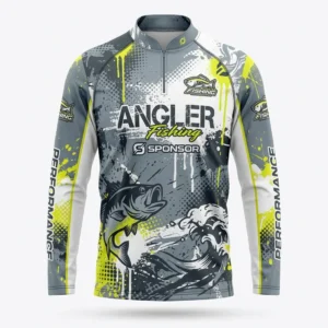Custom Fishing Jersey – Angler Sponsor Splash Grey and neon yellow tournament fishing jersey with bass graphic