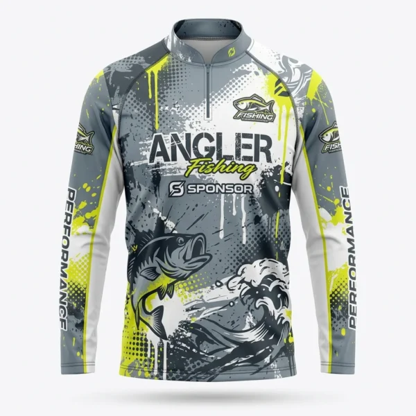 Grey and neon yellow tournament fishing jersey with bass graphic