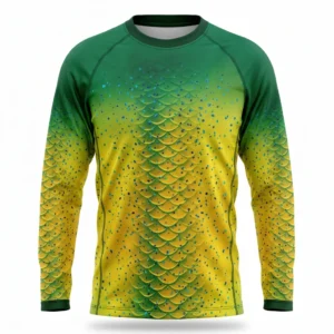 Custom Fishing Jersey – Mahi Scale Print Green and yellow mahi scale print fishing shirt