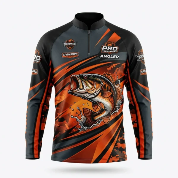 Black and orange pro bass angler fishing jersey