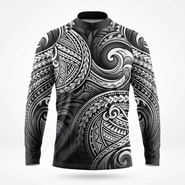Black and grey Polynesian tribal fishing shirt
