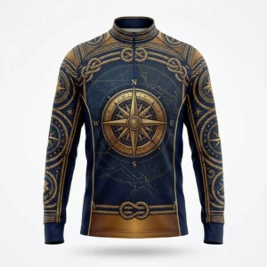 Custom Fishing Jersey – Nautical Compass Navy and gold nautical compass fishing shirt