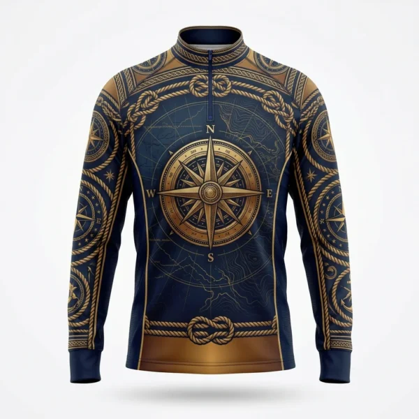 Navy and gold nautical compass fishing shirt