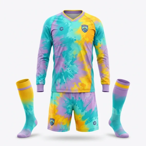 Custom Goalkeeper Kit – Tie-Dye Teal & Yellow Teal and yellow tie dye goalkeeper kit with socks