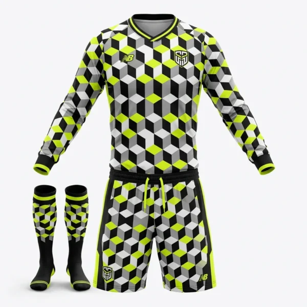 Custom Goalkeeper Kit – Volt Cube Pattern Black white and volt cube pattern goalkeeper kit