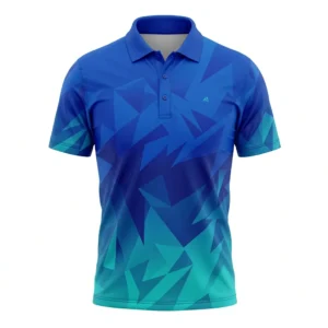 Custom Golf Apparel – Blue Geometric Sublimated Polo Blue and teal geometric sublimated golf polo