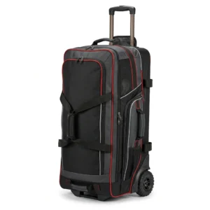 Custom Hockey Equipment Bag – Black Wheeled Bag Black wheeled hockey equipment bag with red piping