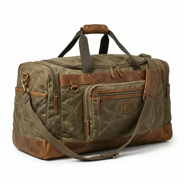 Olive waxed canvas duffel with brown leather trims