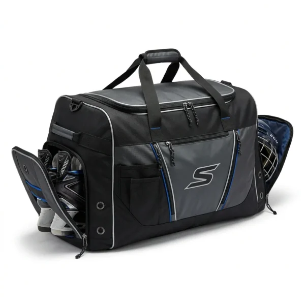 Custom Hockey Equipment Bag – Black Skate Compartment Bag Black hockey bag with open skate compartment