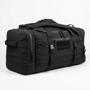 Black tactical duffel bag with MOLLE webbing
