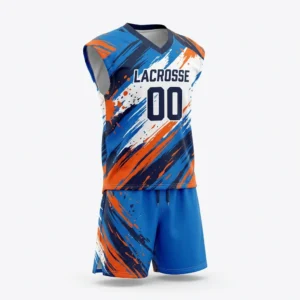 Custom Lacrosse Uniform – Blue & Orange Splash Sleeveless Blue and orange paint splash sleeveless lacrosse uniform