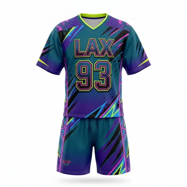 Custom Lacrosse Uniform – Neon LAX Graffiti Neon teal and purple LAX lacrosse uniform