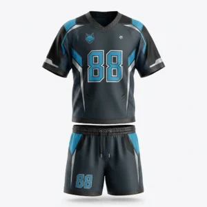 Custom Lacrosse Uniform – Black & Sky Blue Wolf Black and sky blue lacrosse uniform with wolf crest