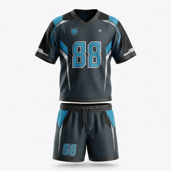 Black and sky blue lacrosse uniform with wolf crest