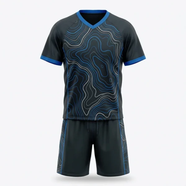 Custom Lacrosse Uniform – Topographic Navy Charcoal lacrosse uniform with blue topographic print