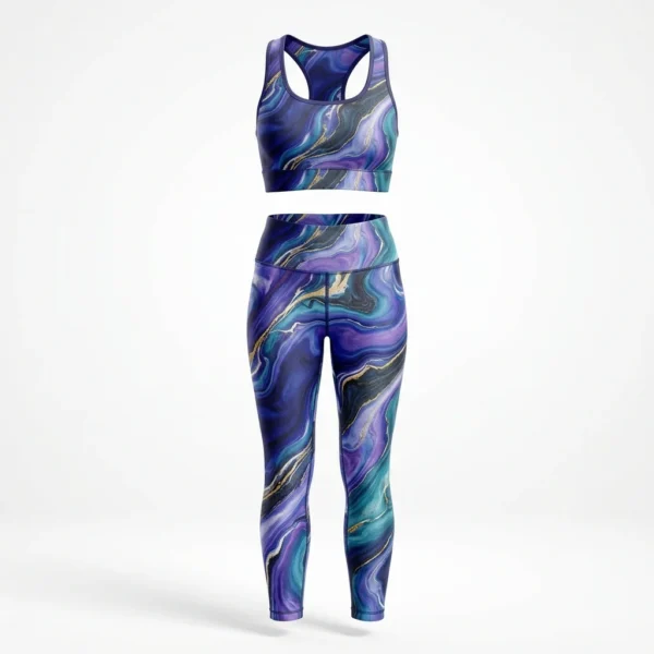 Purple marble swirl leggings and sports bra set