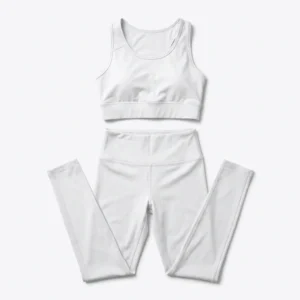 Custom Leggings Set – White Scoop Bra & Leggings White blank leggings and sports bra flat lay