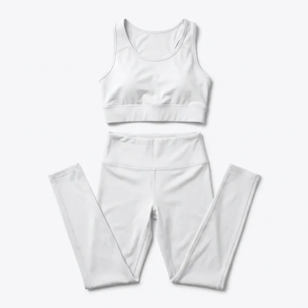 White blank leggings and sports bra flat lay