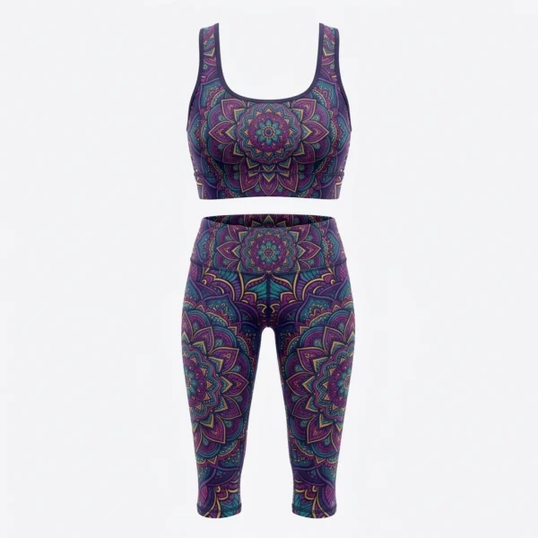 Custom Leggings Set – Mandala Capri Purple mandala capri leggings and sports bra set