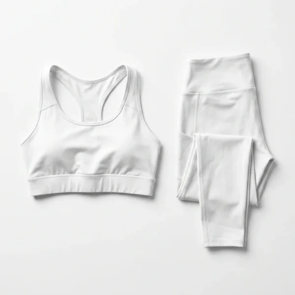 White racerback sports bra and folded leggings