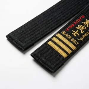 Custom Martial Arts Belt – Kanji Embroidered Black Belt Black belt with gold kanji embroidery and dan stripes