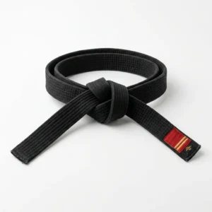 Custom Martial Arts Belt – Tied Belt with Red Stripes Tied black belt with red bar and stripes