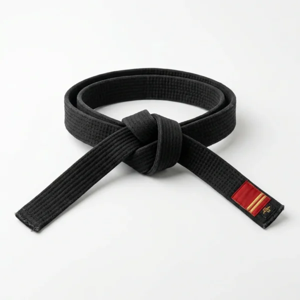 Tied black belt with red bar and stripes