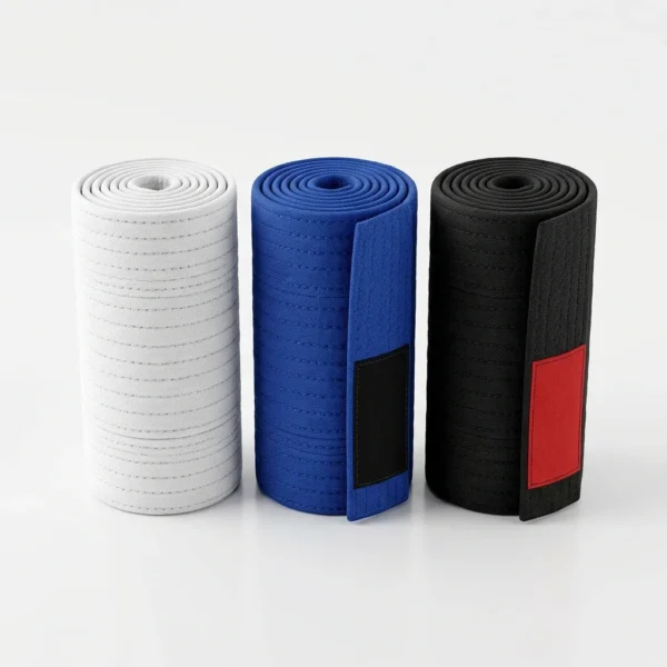 Rolled white blue and black BJJ belts