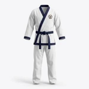 Custom Tang Soo Do Uniform – White with Navy Trim White tang soo do uniform with navy trim