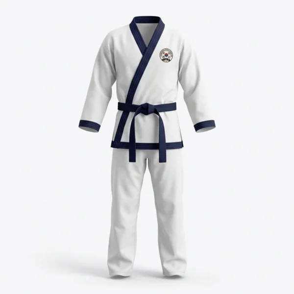 Custom Tang Soo Do Uniform – White with Navy Trim White tang soo do uniform with navy trim