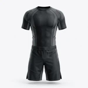 Black MMA rash guard and shorts set