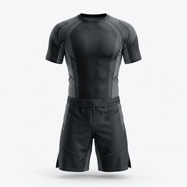 Black MMA rash guard and shorts set