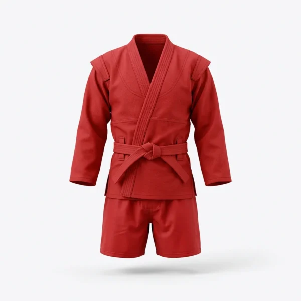 Custom Martial Arts Uniform – Red Sambo Jacket & Shorts Red sambo jacket with shorts