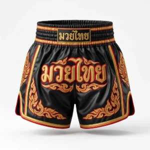 Black red and gold traditional Muay Thai shorts
