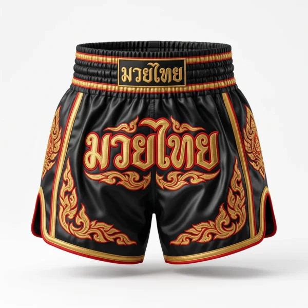 Custom Muay Thai Shorts – Black, Red & Gold Traditional Black red and gold traditional Muay Thai shorts