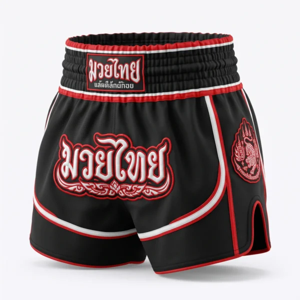 Black Muay Thai shorts with red Thai script