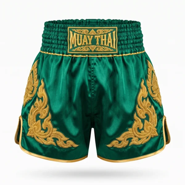 Custom Muay Thai Shorts – Emerald Green & Gold Emerald green Muay Thai shorts with gold embroidery