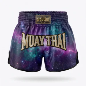 Custom Muay Thai Shorts – Galaxy Print Galaxy print Muay Thai shorts with gold lettering